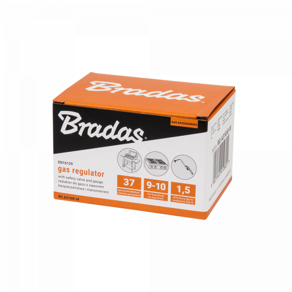 Reduktor gazowy 37MBAR, 1,5kg/h z zaworem bezpieczeństwa EFV i MANO., na wąż 9-10mm