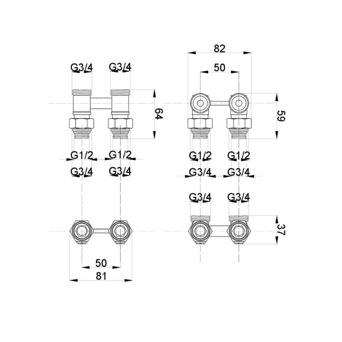 Zawór przyłączeniowy grzejnikowy prosty z nyplami 3/4"