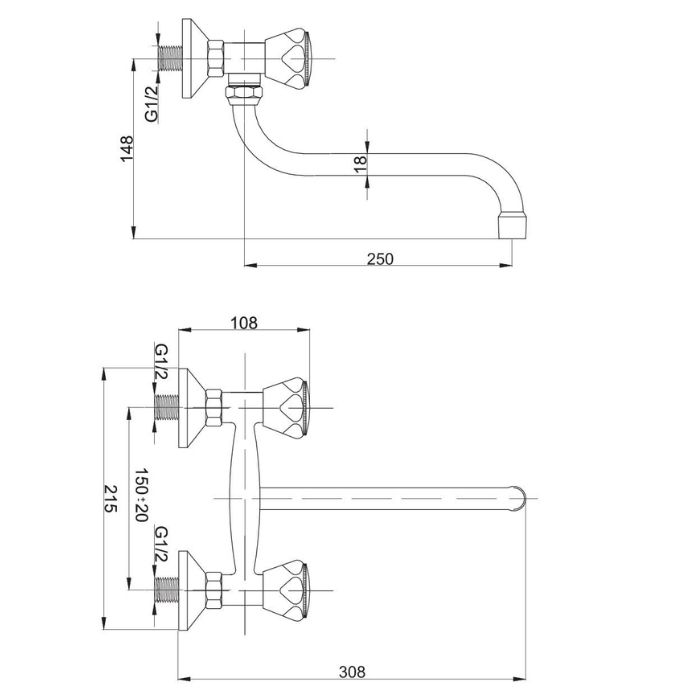 STANDARD bateria zlewozmywakowa ścienna z wylewką S 3/4" 250 mm